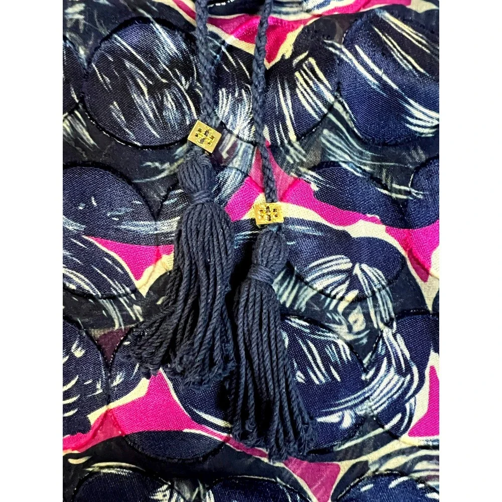 Tory Burch‎ Silk Blend Tunic Top Navy + Orchid Circle Print Keyhole Neck SZ S